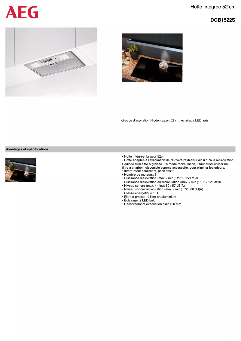 Page 1 de la notice Fiche technique AEG DGB1522S