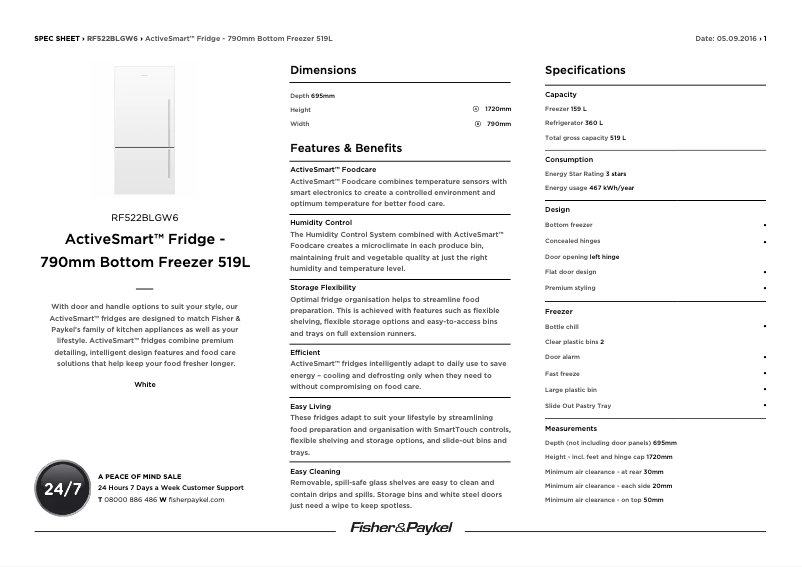 Page 1 de la notice Fiche technique Fisher & Paykel RF522BLGW6
