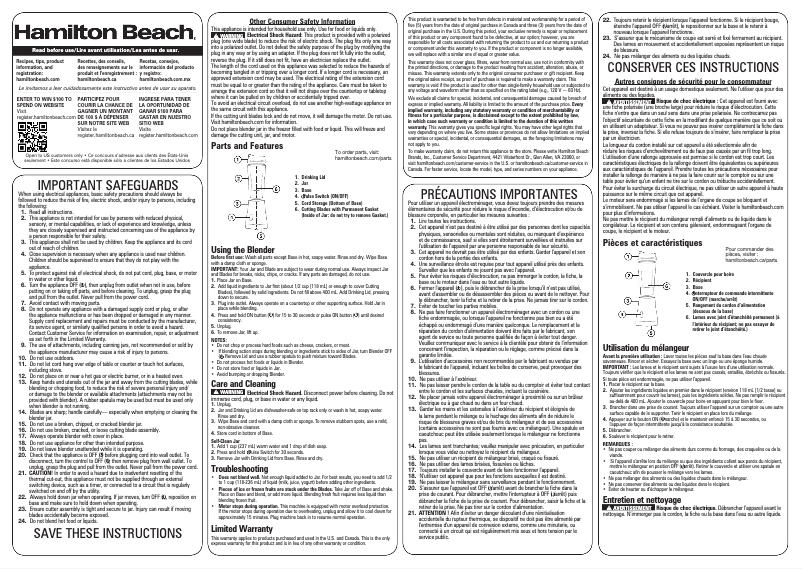 Page 1 de la notice Manuel utilisateur Hamilton Beach Personal Creations 51128F