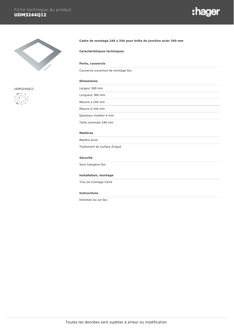 Page n°1 - Fiche technique Hager UDM3244Q12