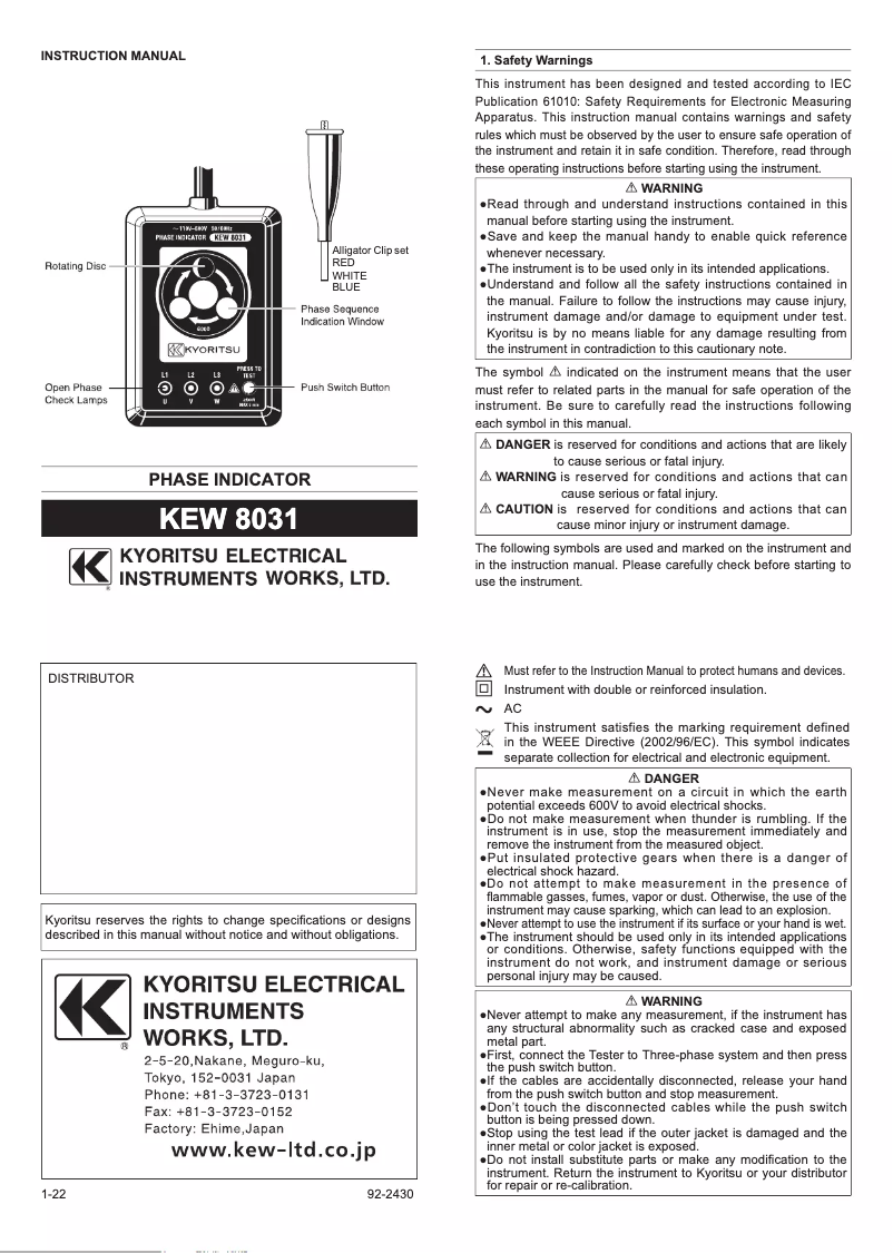 Page 1 de la notice Manuel utilisateur Kyoritsu KEW 8031