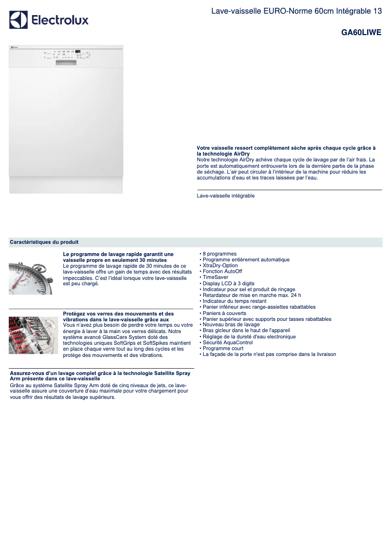 Page 1 de la notice Fiche technique Electrolux GA 60 LIWE