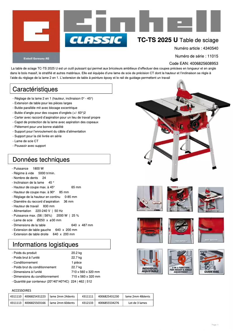 Page 1 de la notice Fiche technique Einhell TC-TS 2025/1 U
