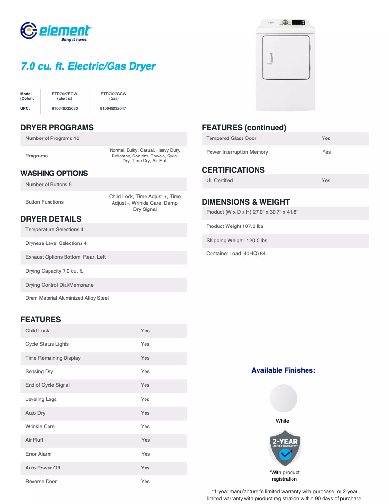 Page 1 de la notice Fiche technique Element ETD7027GCW