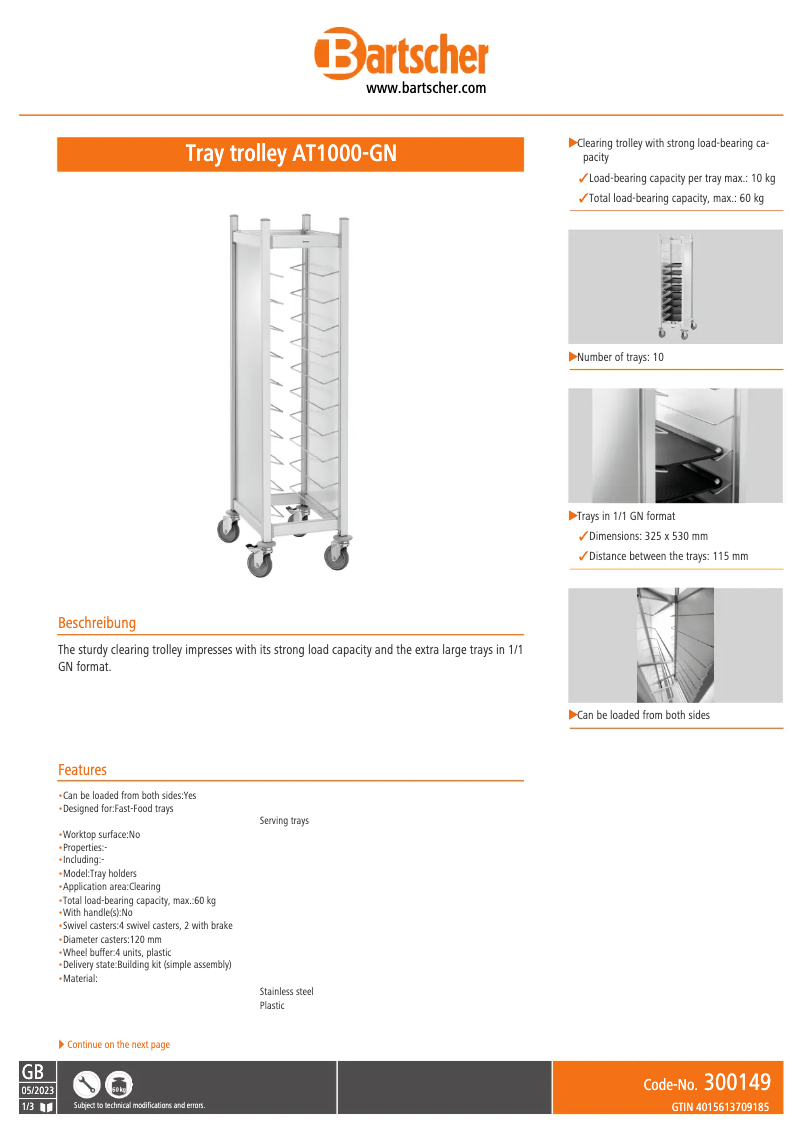 Page 1 de la notice Fiche technique Bartscher AT1000-GN