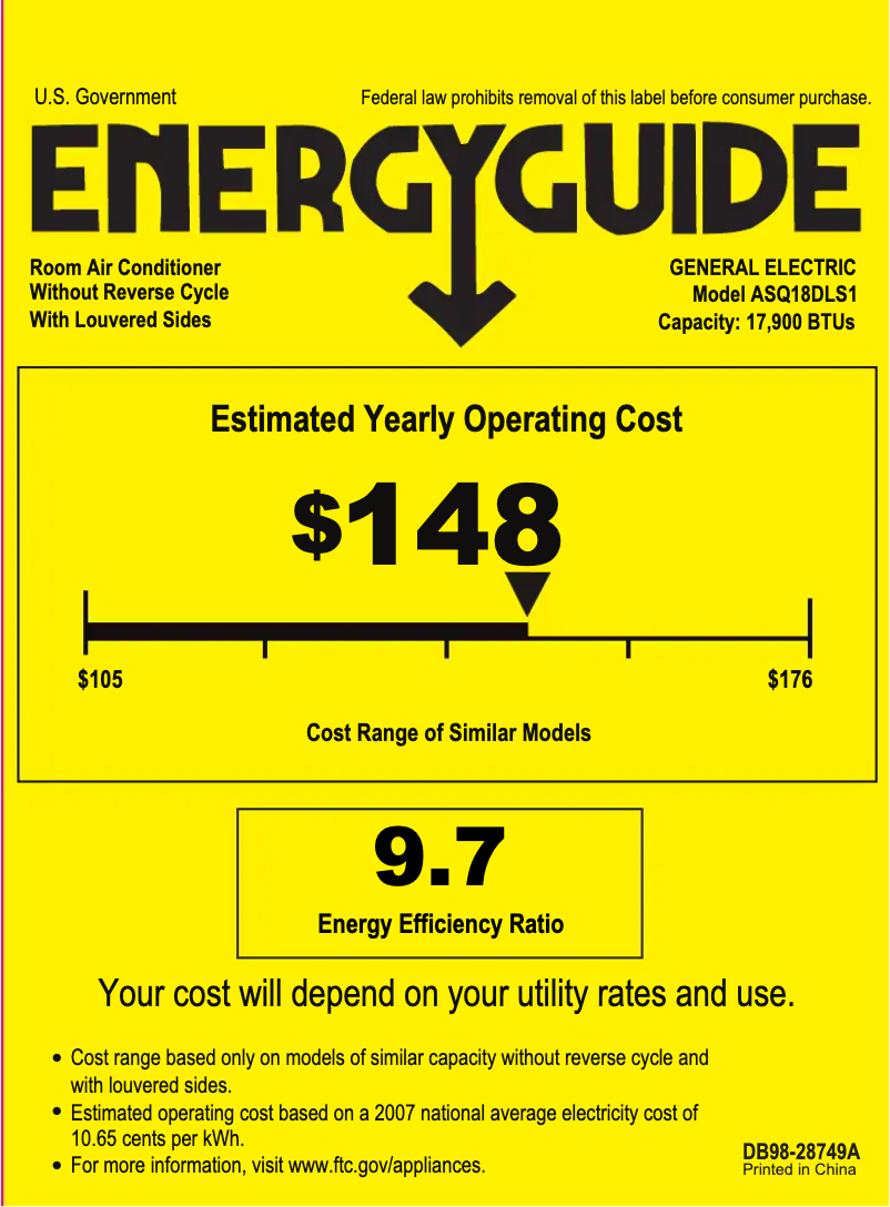 Page 1 de la notice Label énergétique GE ASQ18DL