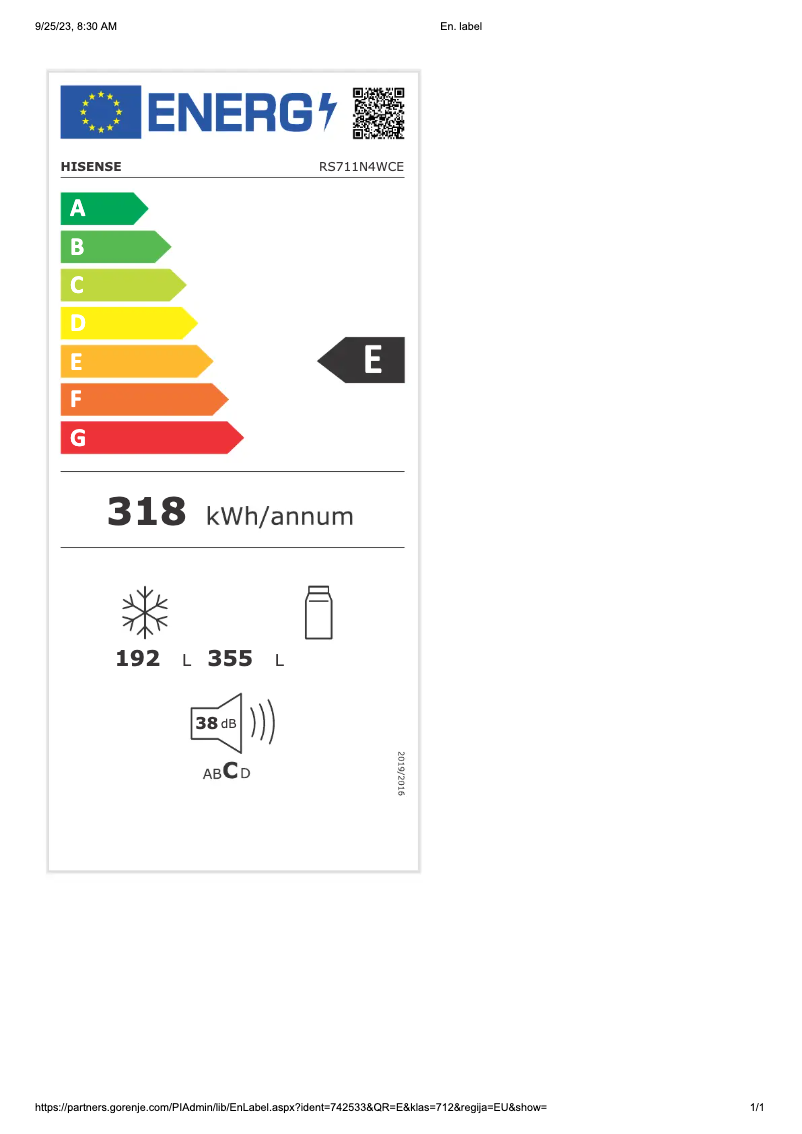 Page 1 de la notice Label énergétique Hisense RS711N4WCE