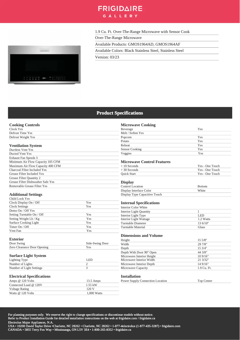 Page n°1 - Fiche technique Frigidaire GMOS1964AD