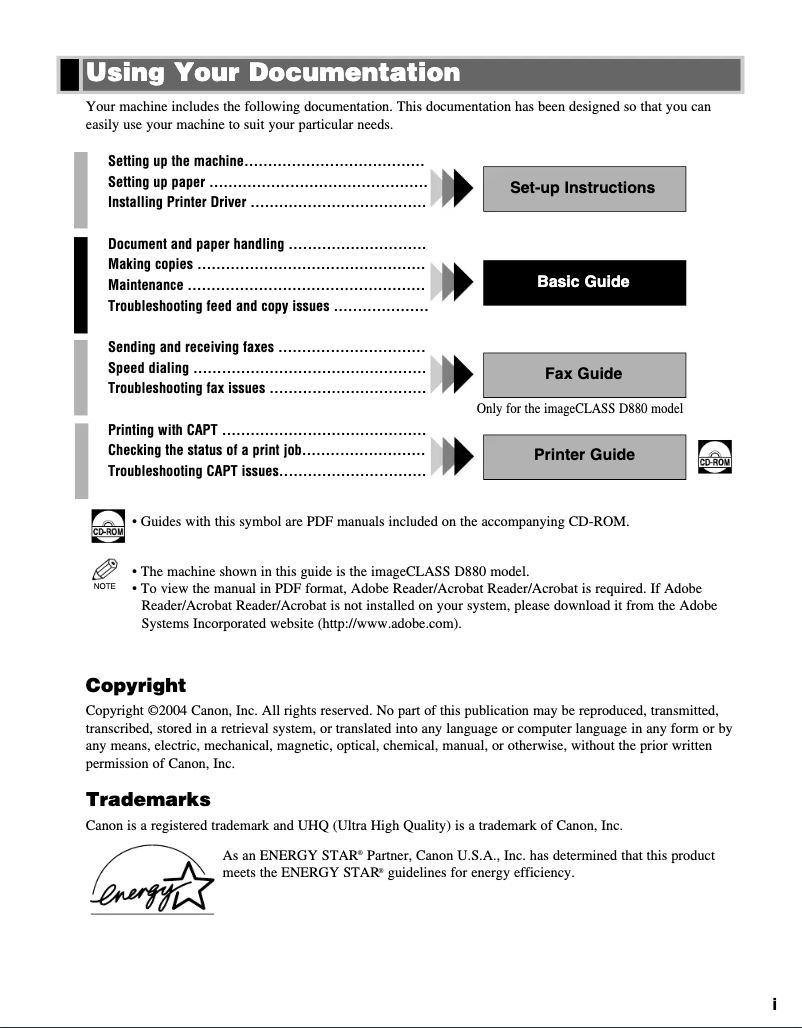 Page 1 de la notice Manuel utilisateur Canon imageCLASS D880