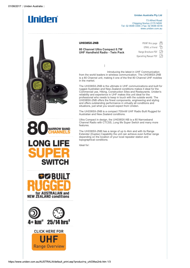 Page 1 de la notice Manuel utilisateur Uniden UH038SX-2NB