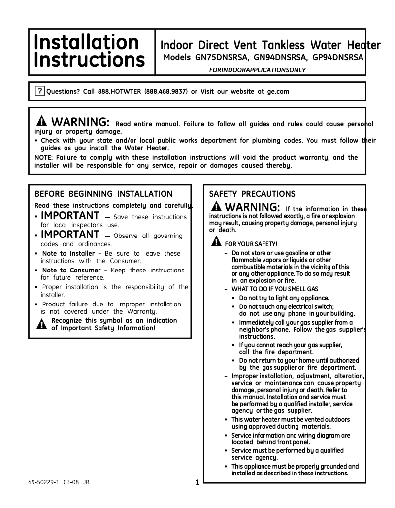 Page 1 de la notice Guide d'installation GE GN94DNSRSA