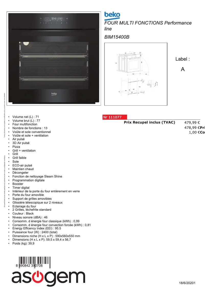 Page 1 de la notice Manuel utilisateur Beko BIM15400B