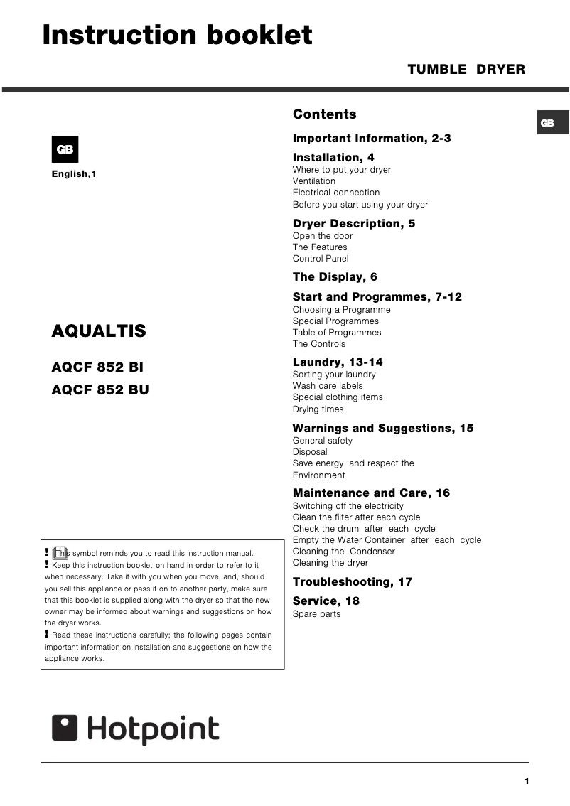 Page n°1 - Manuel utilisateur Hotpoint AQCF 852 B U