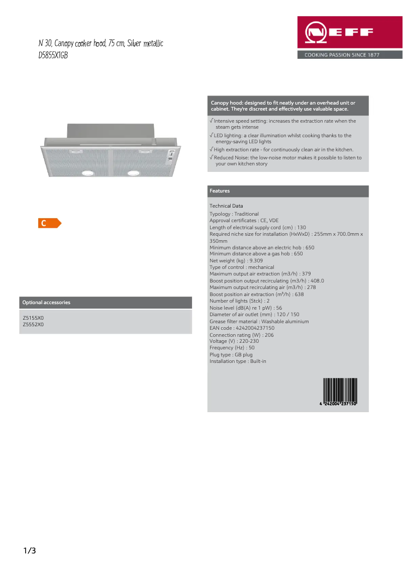Page 1 de la notice Fiche technique Neff D5855X1GB
