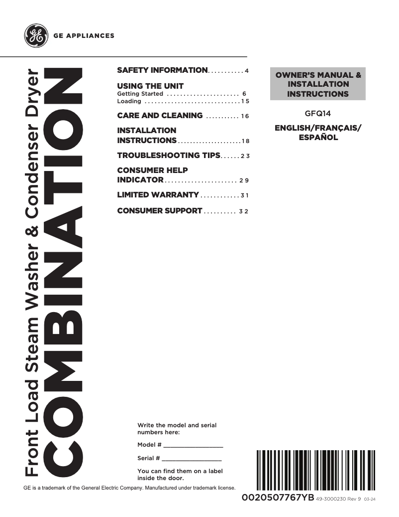 Page 1 de la notice Guide d'installation GE GFQ14ESSNWW