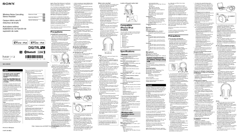 Page 1 de la notice Manuel utilisateur Sony WH-H900N