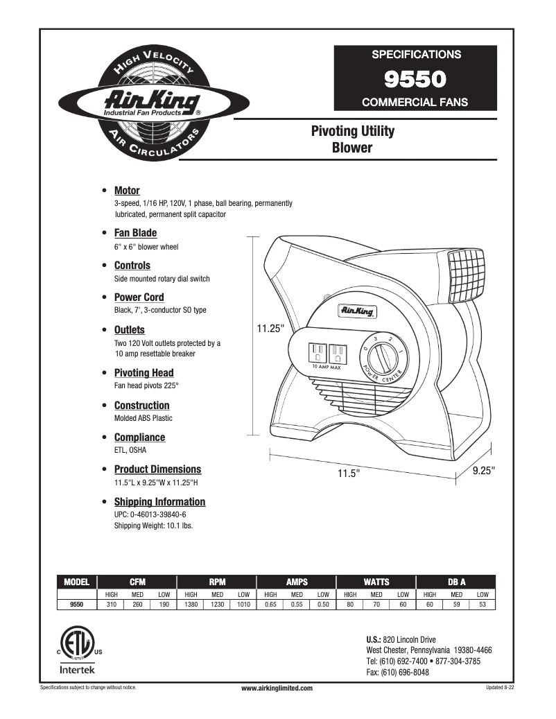 Page 1 de la notice Fiche technique Air King 9550