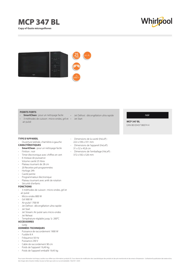 Page 1 de la notice Fiche technique Whirlpool MCP 347