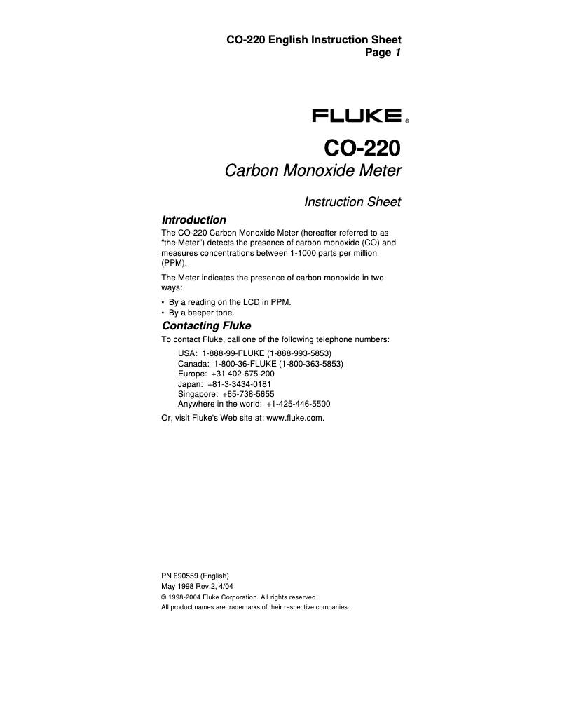 Page n°1 - Instructions / montage Fluke CO-220
