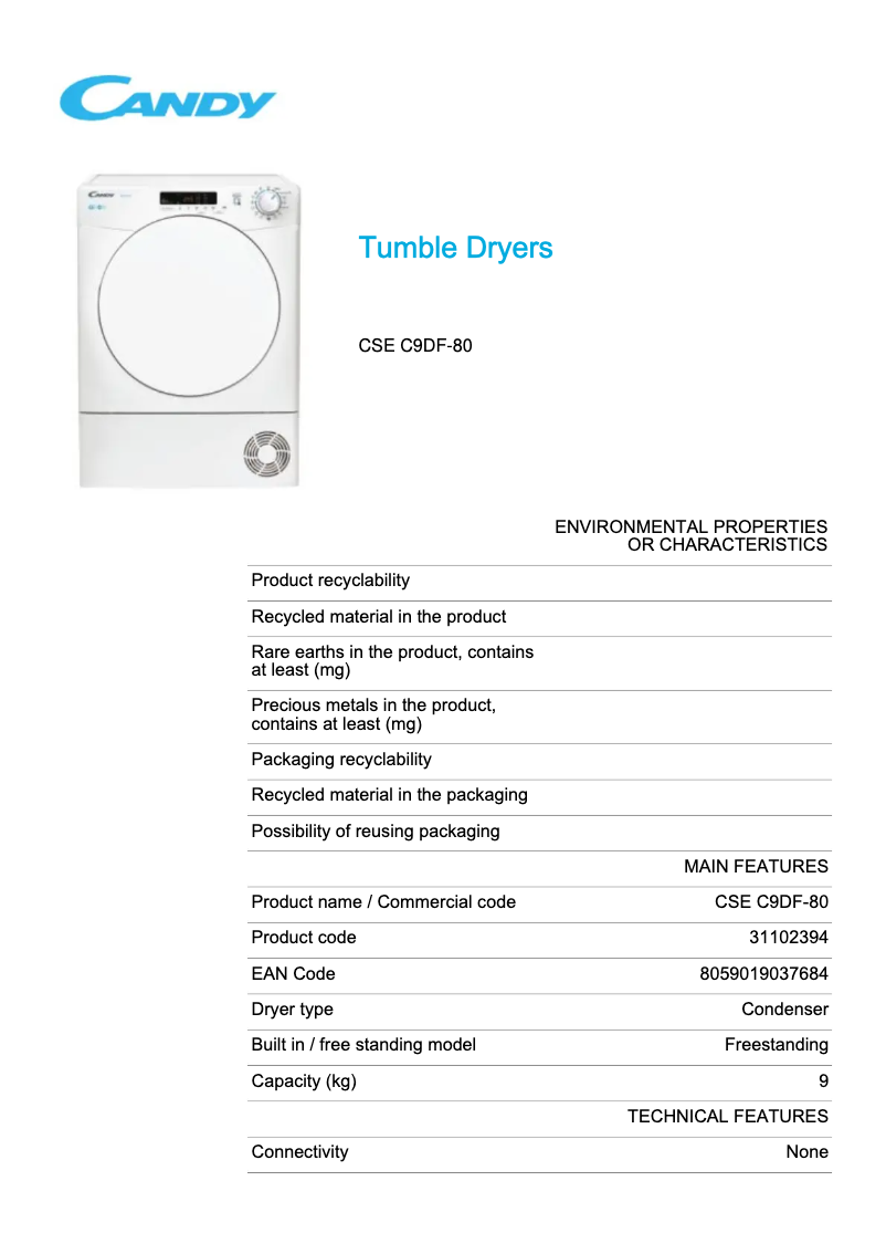 Page 1 de la notice Fiche technique Candy CSE C9DF-80