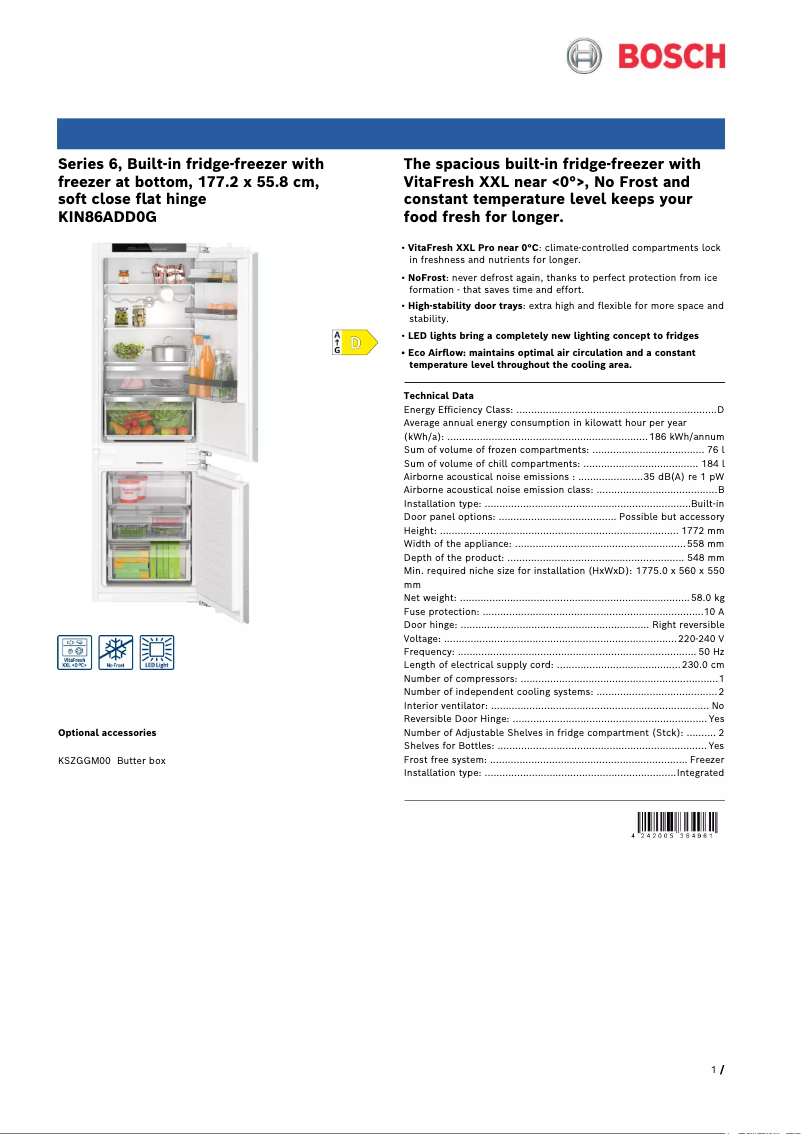 Page 1 de la notice Fiche technique Bosch KIN86ADD0G