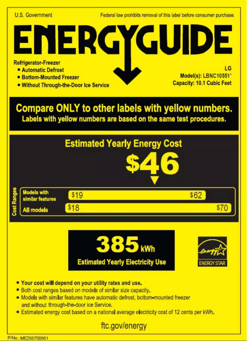 Page 1 de la notice Label énergétique LG LBNC10551V