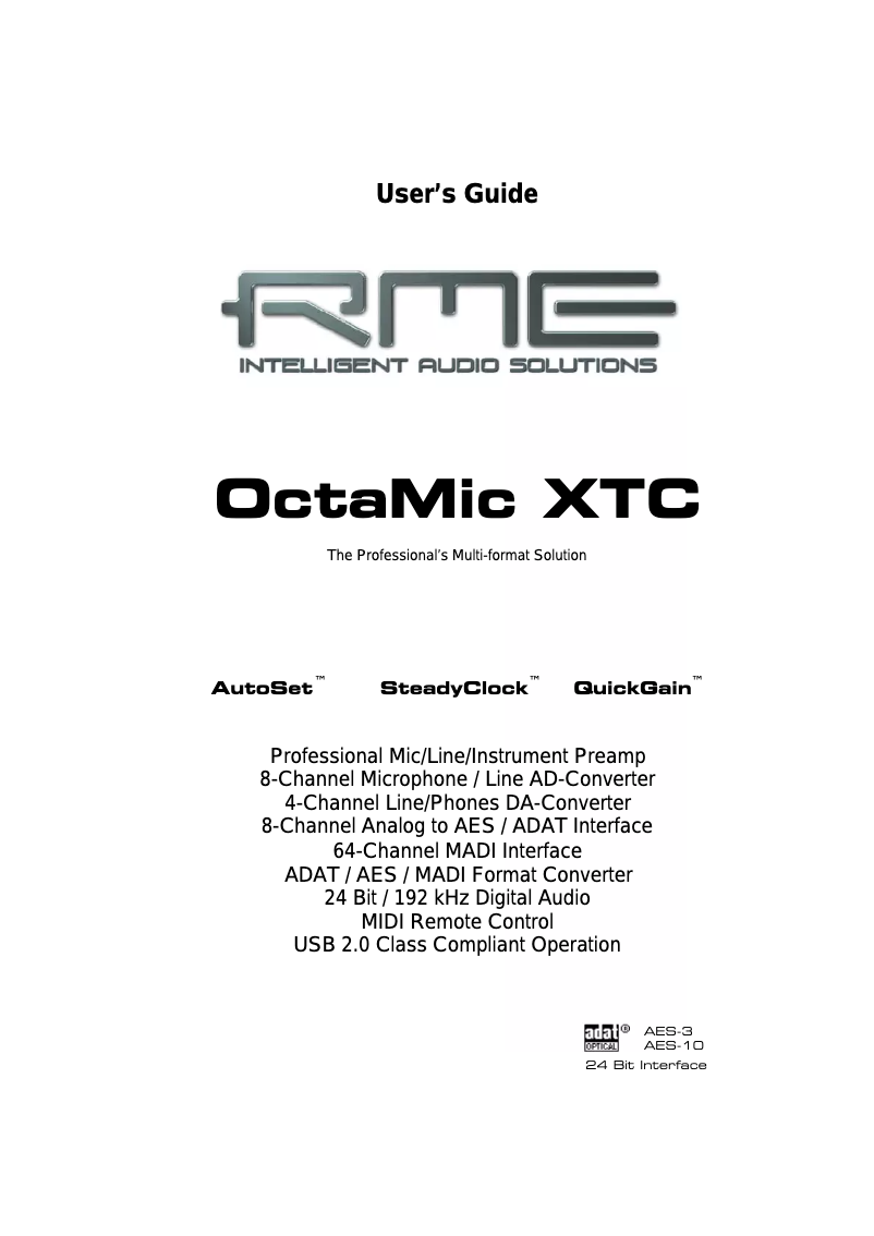 Page 1 of the manual User Manual RME OctaMic XTC