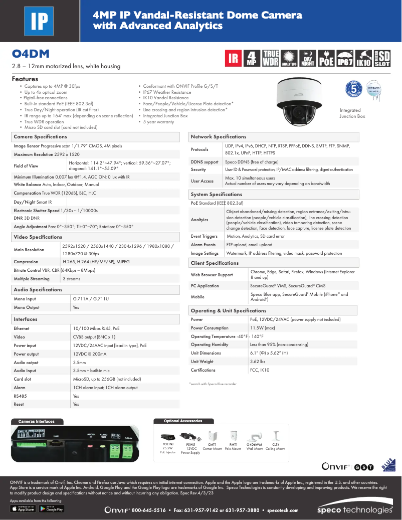 Página 1 del manual Ficha técnica Speco Technologies O4DM