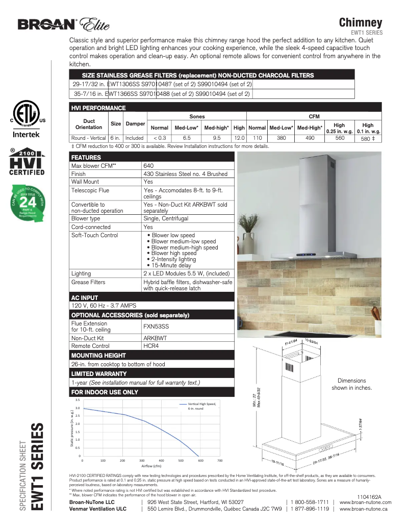 Page 1 de la notice Fiche technique Broan Elite EWT1306SS