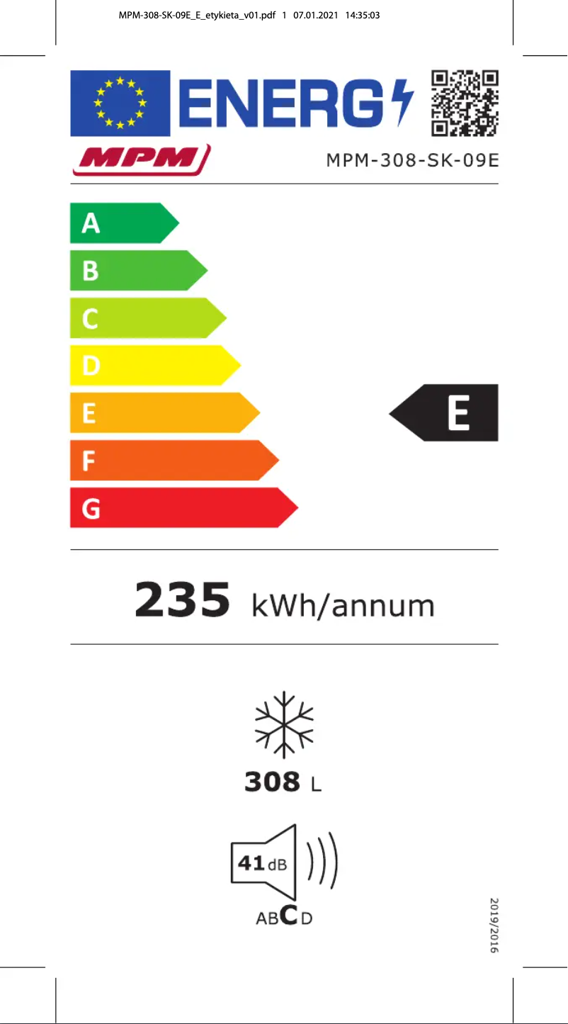 Página 1 del manual Etiqueta energética MPM 308-SK-09E