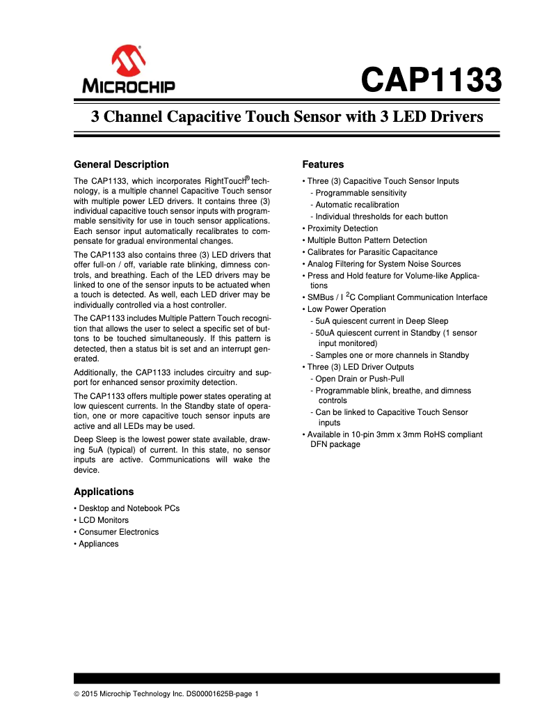 Page 1 de la notice Fiche technique Microchip CAP1133