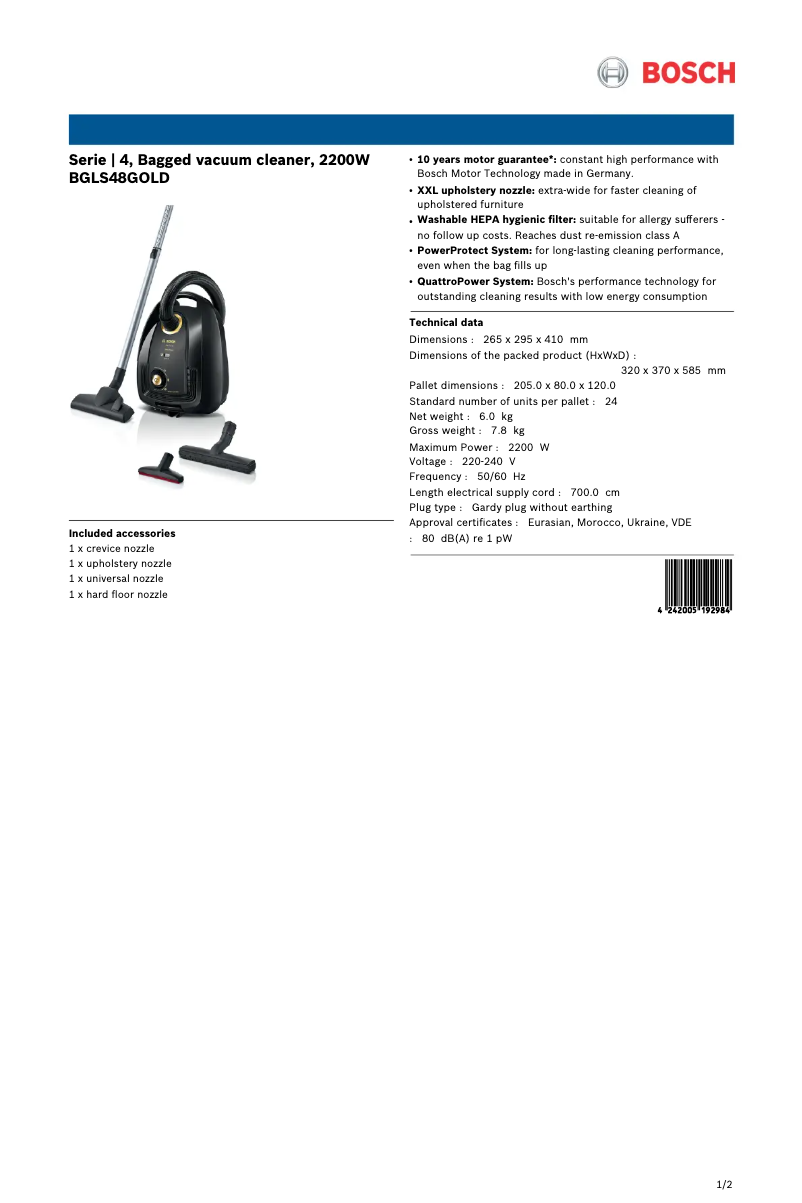 Page 1 de la notice Manuel utilisateur Bosch Serie 4 BGLS48GOLD