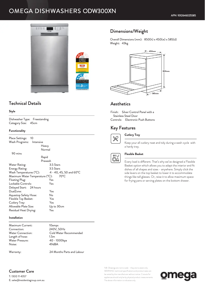 Page 1 de la notice Fiche technique Omega ODW300XN