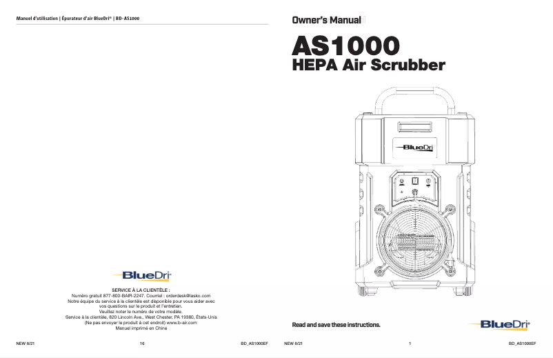 Page 1 de la notice Manuel utilisateur BlueDri AS1000