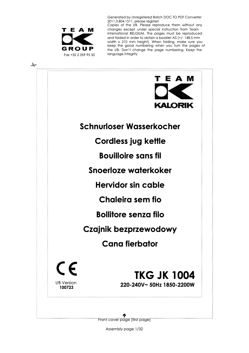 Image de la première page du manuel de l'appareil TKG JK 1004