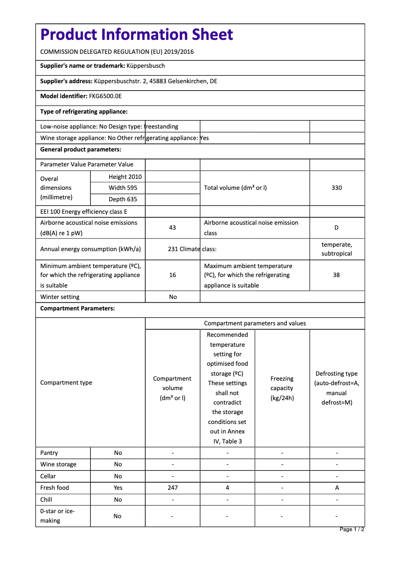 Page 1 de la notice Label énergétique Küppersbusch FKG6500.0E