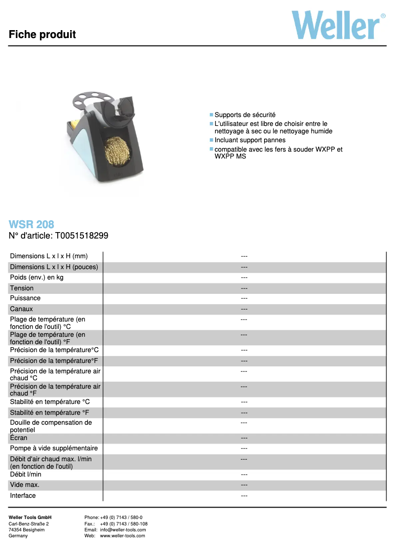Page 1 de la notice Fiche technique Weller WSR 208