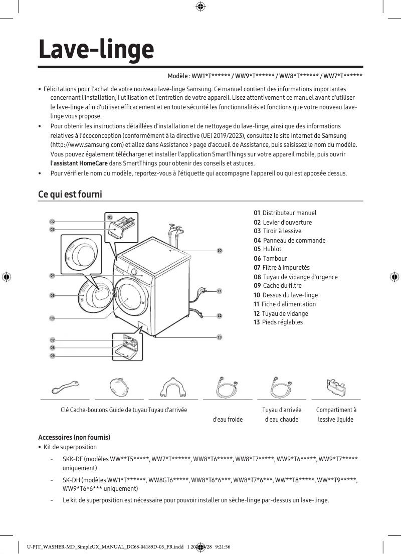 Page 1 de la notice Manuel utilisateur Samsung WW10T554DTW