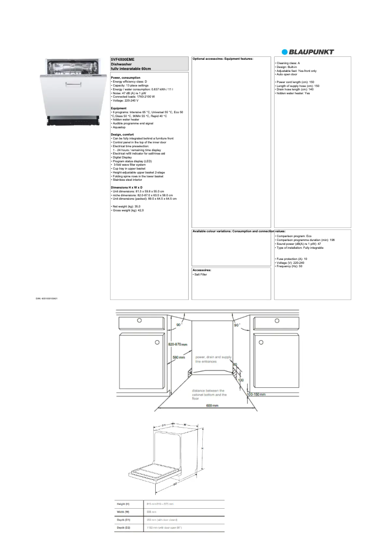 Page 1 de la notice Fiche technique Blaupunkt 5VF4X00EME