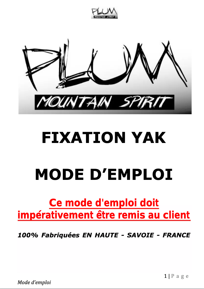 Page 1 de la notice Manuel utilisateur Plum Yak