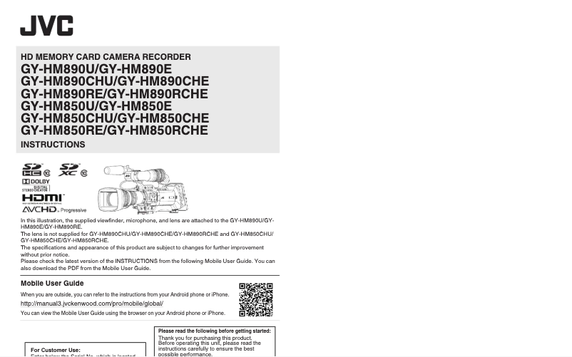 Image de la première page du manuel de l'appareil GY-HM890RE