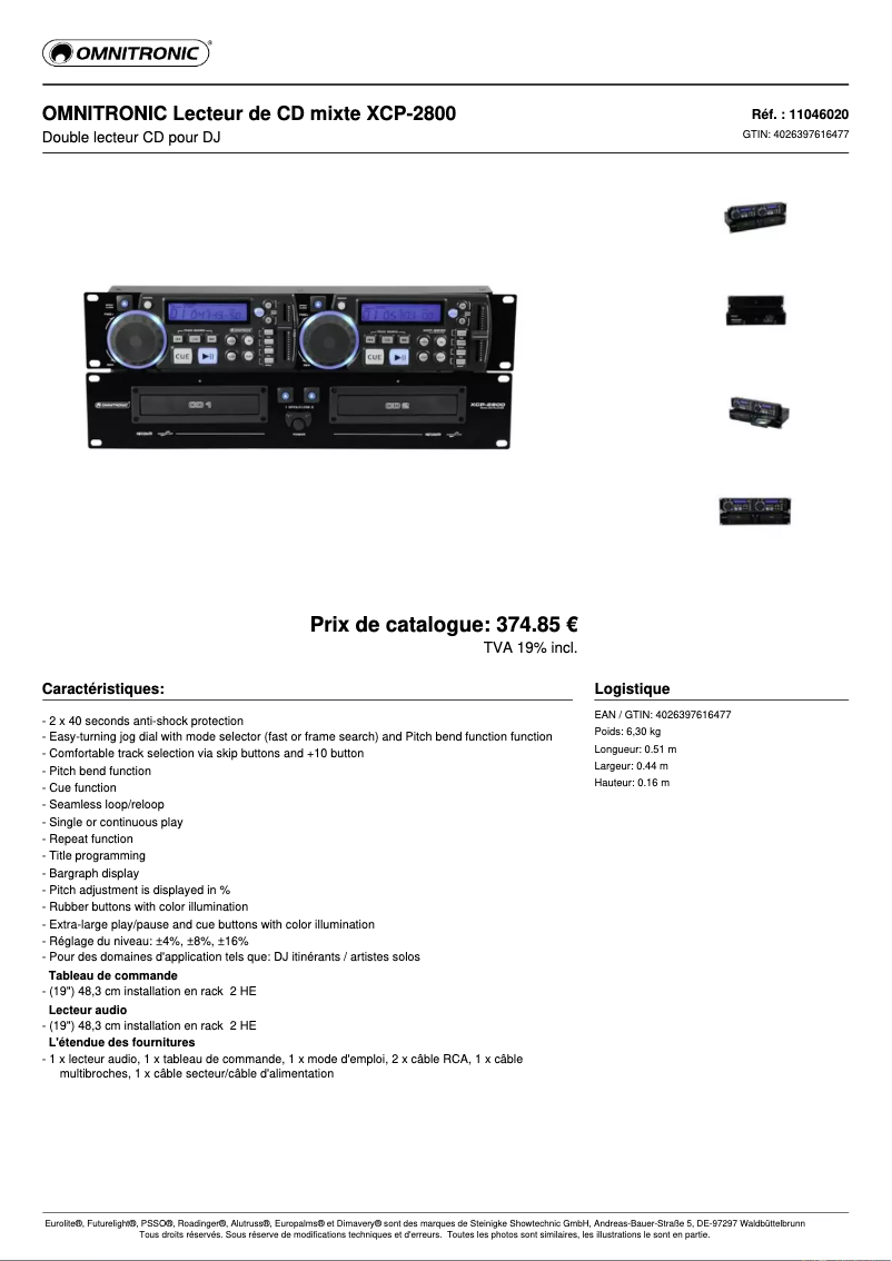 Page n°1 - Fiche technique Omnitronic XCP-2800