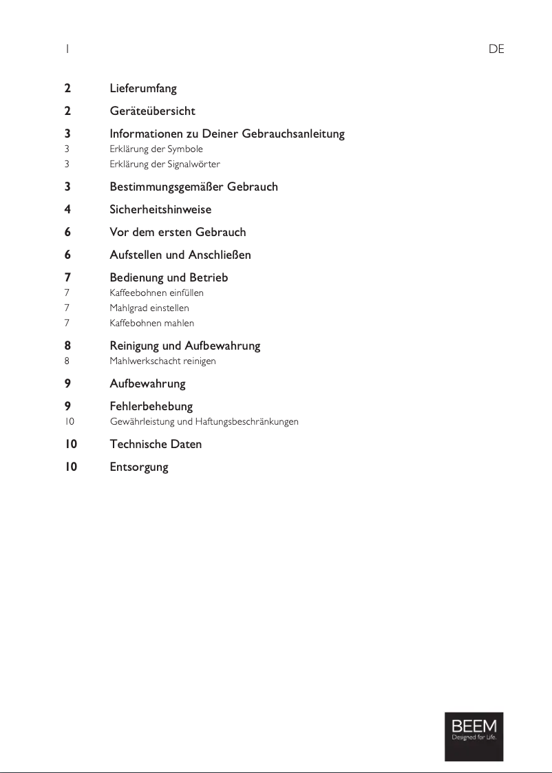 Page 1 de la notice Manuel utilisateur BEEM Grind Perfect