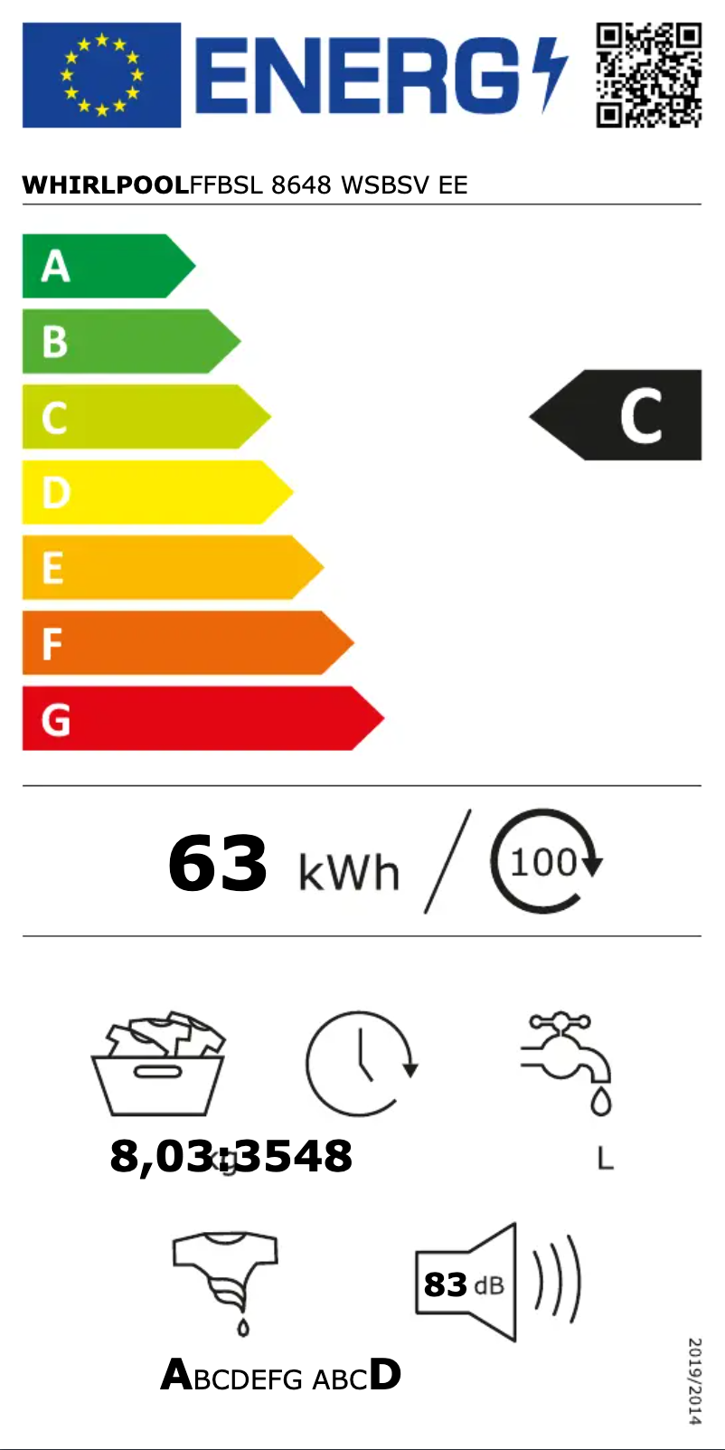 Página 1 del manual Etiqueta energética Whirlpool FFBSL 8648 WSBSV