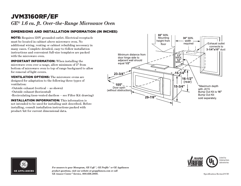 Page 1 de la notice Fiche technique GE JVM3160RTSS