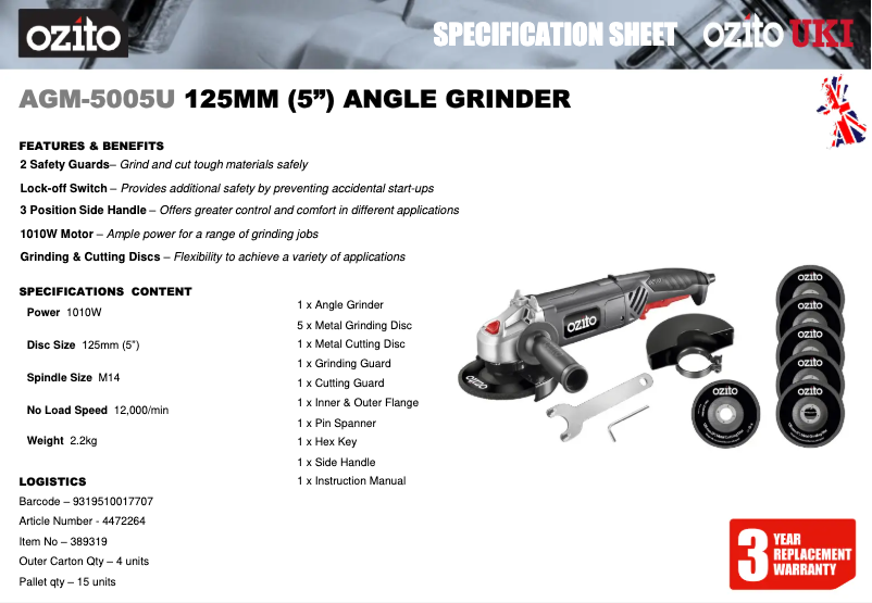 Page 1 de la notice Fiche technique Ozito AGM-5005U