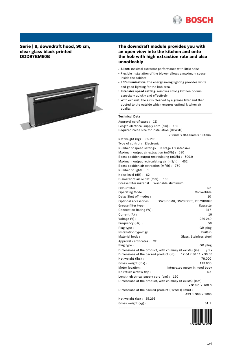 Page 1 de la notice Fiche technique Bosch Serie 8 DDD97BM60B