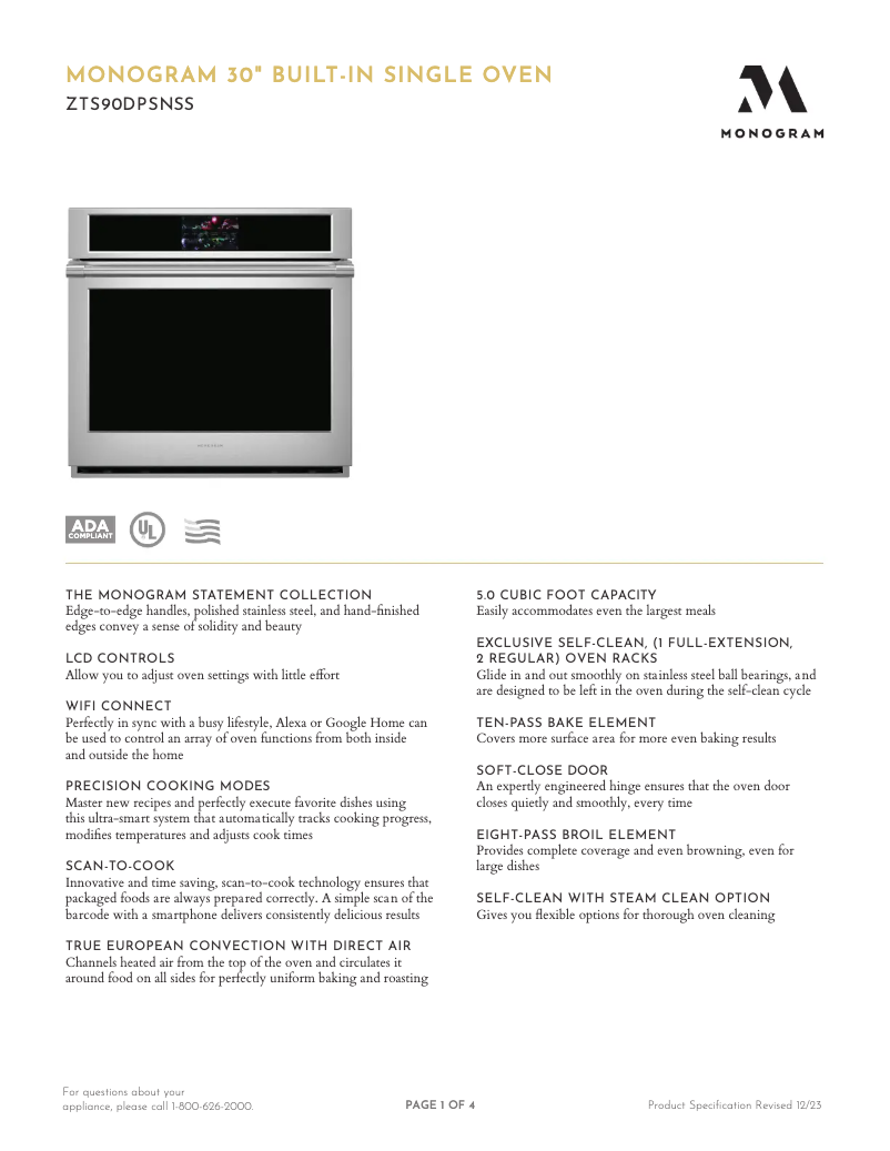Page 1 de la notice Fiche technique Monogram ZTS90DPSNSS