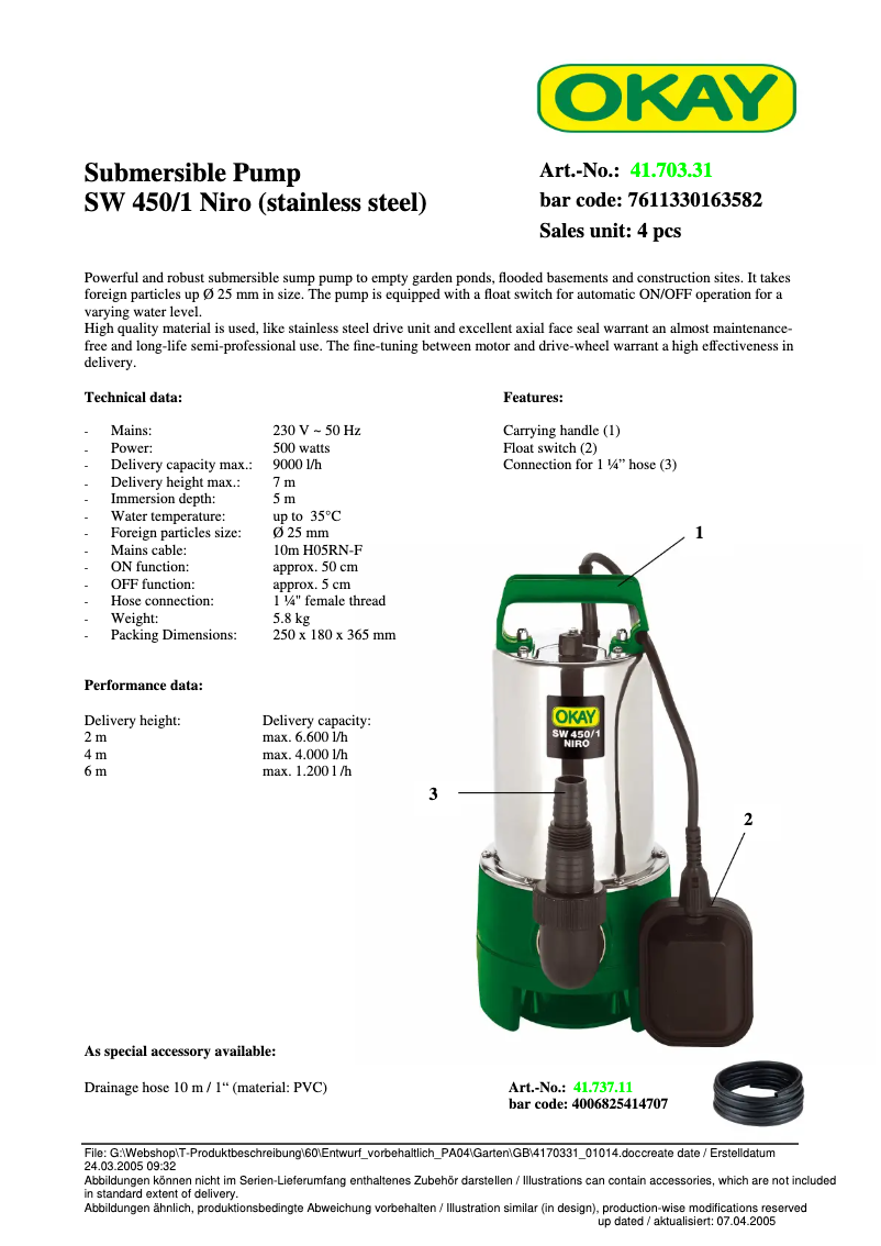 Page 1 de la notice Fiche technique OKAY SW 450/1 Niro