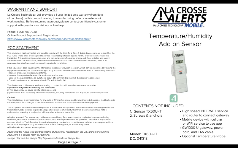 Page 1 de la notice Manuel utilisateur La Crosse Technology TX60U-IT